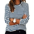 thumbnail image 1 of CLOISE Womens Tops Fall Cute Striped Shirts Crew Neck Long Sleeve Blouses Oversized Color Block Basic Tees Flowy Clothes Blue S, 1 of 8