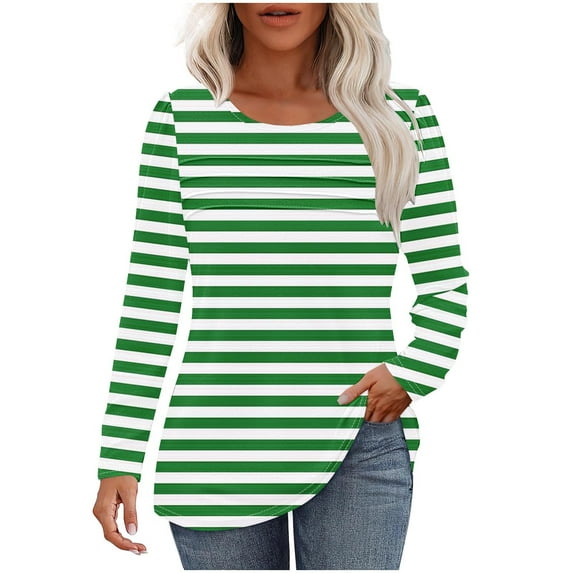 CLOISE Womens Tops Fall Cute Striped Shirts Round Neck Long Sleeve Blouses Oversized Pleated Colorblock Basic Tees Flowy Clothes Green S