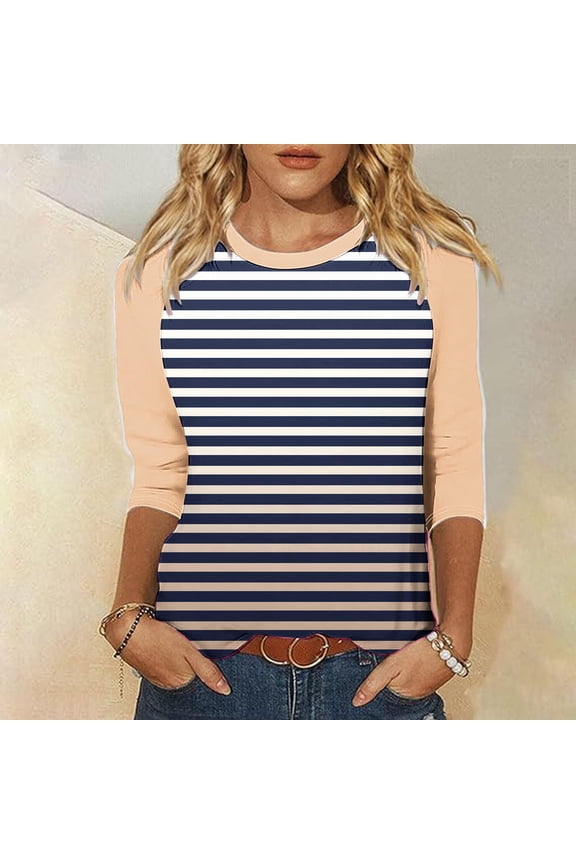 Womens Tops Fall Cute Striped Shirts Scoop Neck 3/4 Sleeve Blouses Oversized Colorblock Basic Tees Flowy Clothes Dark Blue M