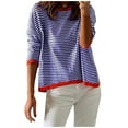 thumbnail image 1 of CLOISE Womens Tops Fall Cute Striped Shirts Scoop Neck Long Sleeve Blouses Oversized Knit Color Block Basic Tees Flowy Clothes Blue L, 1 of 4