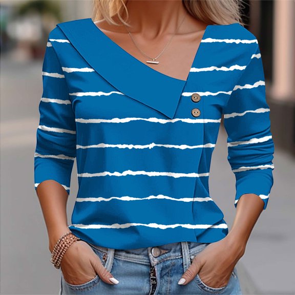 CLOISE Womens Tops Fall Fashion Striped Shirts Button V-Neck Long Sleeve Blouses Casual Asymmetrical Color Block Tees Flowy Outfits Blue M