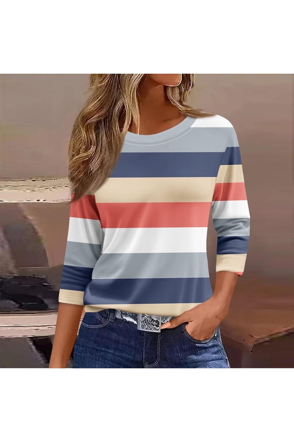 Womens Tops Fall Fashion Striped Shirts Crewneck 3/4 Sleeve Blouses Casual Colorblock Basic Tees Flowy Outfits Orange S