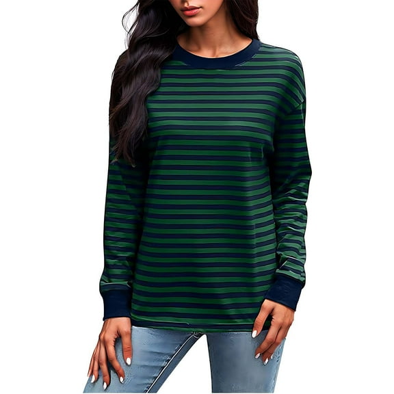 CLOISE Womens Tops Fall Fashion Striped Shirts Round Neck Long Sleeve Blouses Casual Colorblock Basic Tees Flowy Outfits Green L