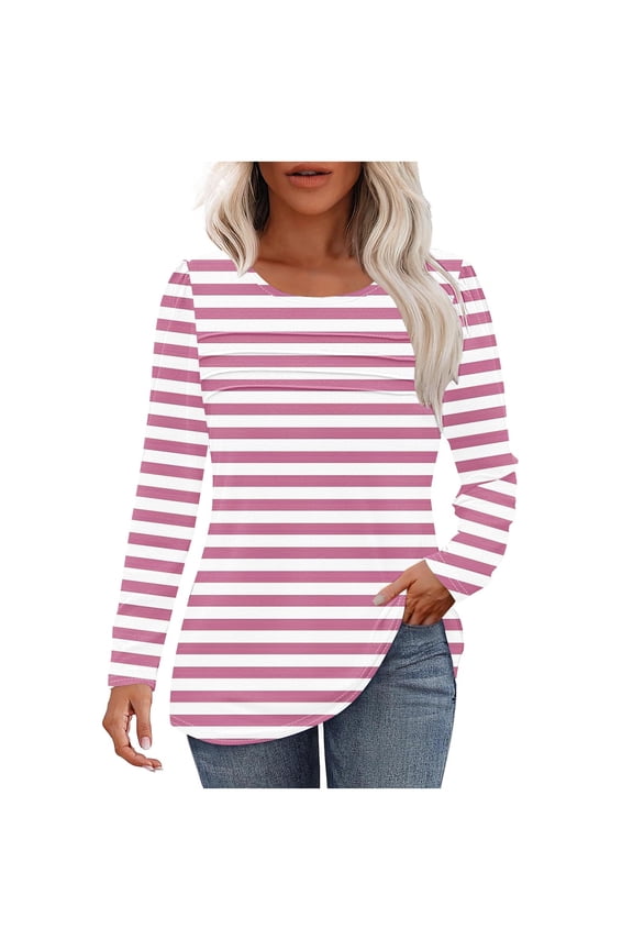 Womens Tops Fall Fashion Striped Shirts Round Neck Long Sleeve Blouses Casual Pleated Colorblock Basic Tees Flowy Outfits Pink XL