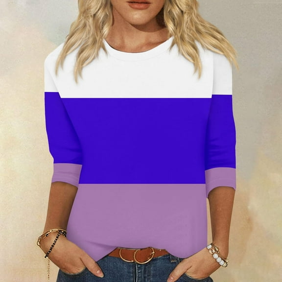 CLOISE Womens Tops Fall Trendy Striped Shirts Crew Neck 3/4 Sleeve Blouses Soft Color Block Basic Tees Elegant Outfits Dark Blue XL