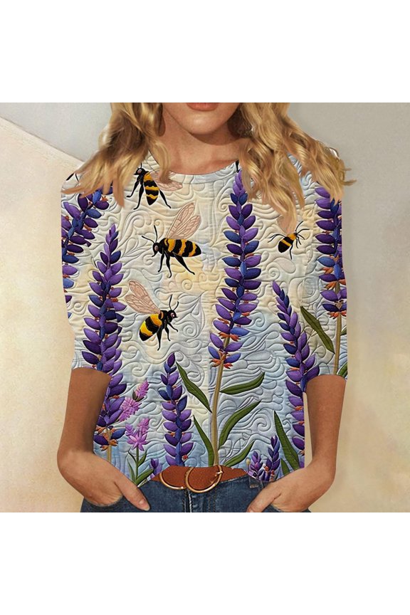 Womens Tops 3/4 Sleeve Bee Day Plus Size Shirts Crewneck Holiday Pullover Holiday Blouses Multicolor M