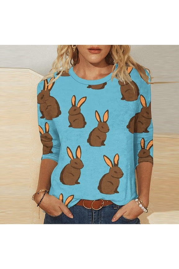 Womens Tops 3/4 Sleeve Easter Plus Size Shirts Crewneck Holiday Pullover Bunny Loose Holiday Blouses Blue M