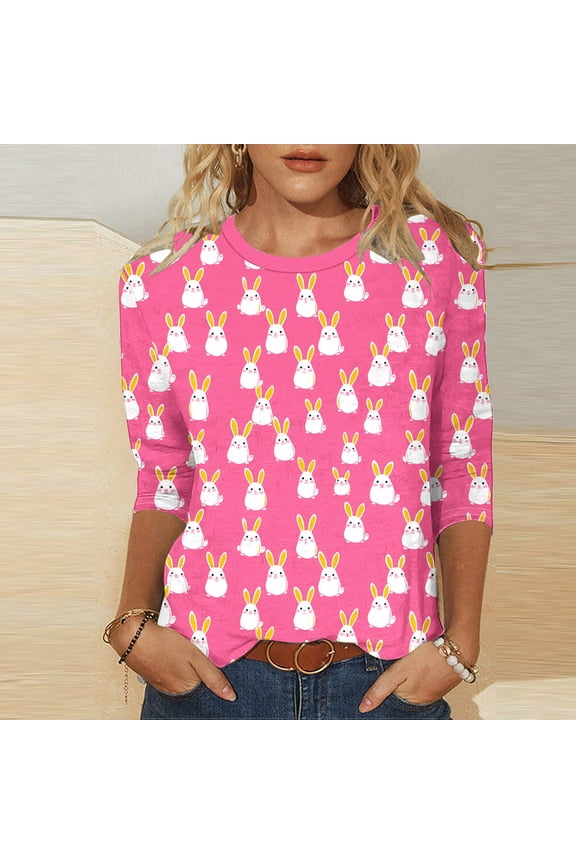 Womens Tops 3/4 Sleeve Easter Plus Size Shirts Crewneck Holiday Pullover Bunny Loose Holiday Blouses Hot Pink 2XL