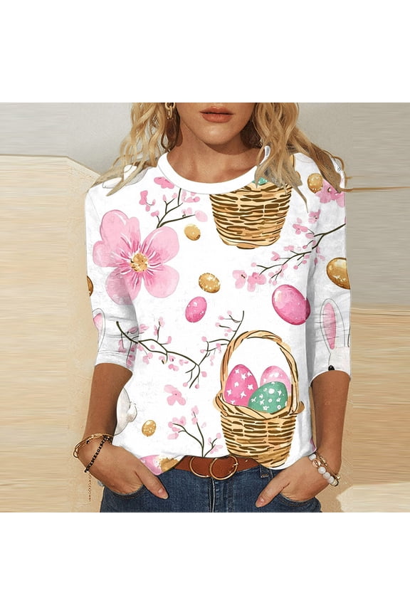 Womens Tops 3/4 Sleeve Easter Plus Size Shirts Crewneck Holiday Pullover Easter Eggs Loose Holiday Blouses White