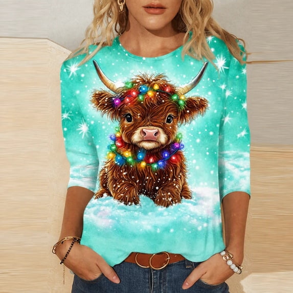 CLOISE Womens Tops 3/4 Sleeve Plus Size Christmas Cow Crew Neck Pullover Tee Shirts Slim Festive Holiday Photos Clothing XL