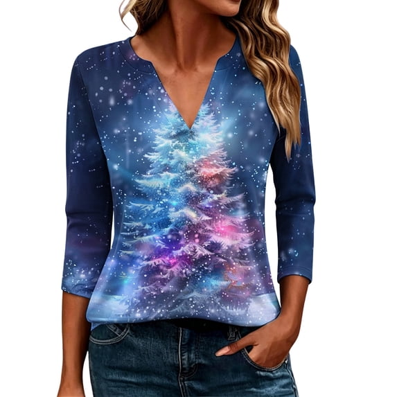 CLOISE Womens Tops 3/4 Sleeve Plus Size Christmas Tree V Neck Tee Shirts Pullover Slim Cozy Holiday Photos Clothing M