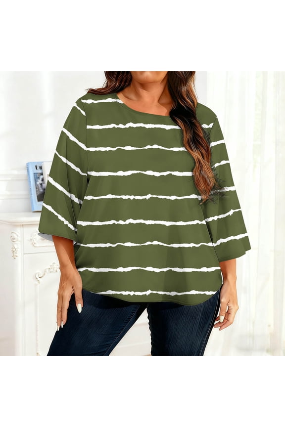 Womens Tops 3/4 Sleeve Plus Size Shirts Crewneck Casual Pullover Striped Summer Blouses Army Green 2XL