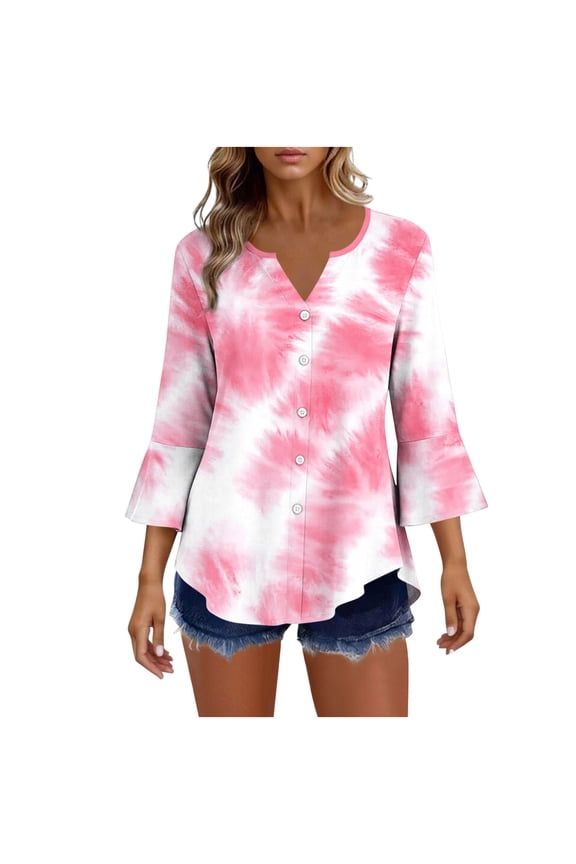 Womens Tops 3/4 Sleeve V Neck Ruffle Bell Sleeve Shirts Button Loose Print Pullover Trendy Fall Clothes Pink M