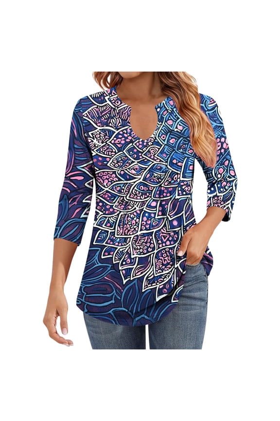 Womens Tops 3/4 Sleeve V Neck Shirts Ruched Loose Floral Pullover Pleated Trendy Fall Clothes Blue S
