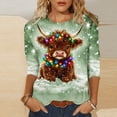 thumbnail image 1 of CLOISE Womens Tops 3/4 Sleeves Plus Size Christmas Cow Crew Neck Shirts Pullover Tee Slim Festive Holiday Photos Outfits Green 2XL, 1 of 5