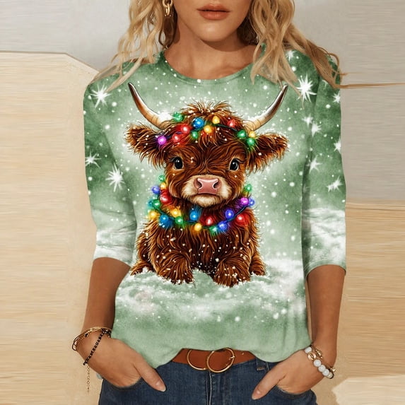 CLOISE Womens Tops 3/4 Sleeves Plus Size Christmas Cow Crew Neck Shirts Pullover Tee Slim Festive Holiday Photos Outfits Green 2XL