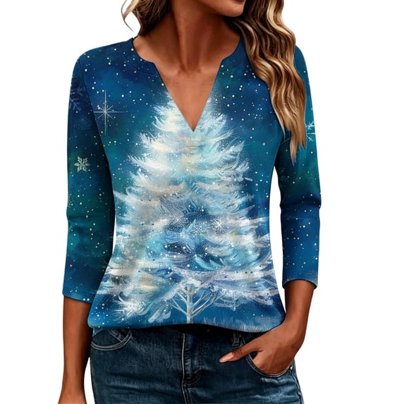 CLOISE Womens Tops 3/4 Sleeves Plus Size Christmas Tree V Neck Pullover ...