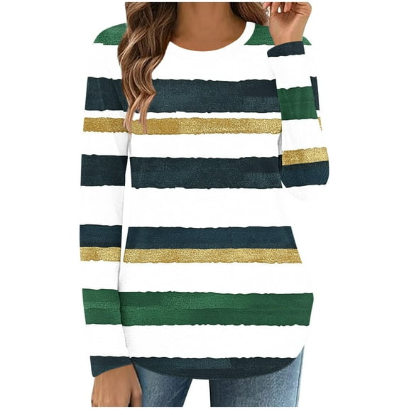 CLOISE Womens Tops Casual Crew Neck Shirt Tunic Striped Long Sleeve Pullover Casual Fall Winter Clothes Army Green XL