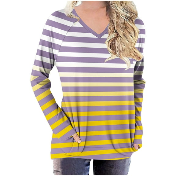 CLOISE Womens Tops Casual Plus Size V Neck Shirt Striped Long Sleeve Pullover Casual Fall Fashion Outfits Yellow L