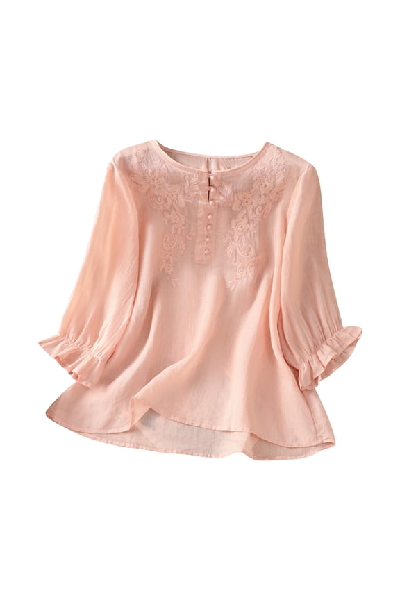 Womens Tops Crew Neck Shirt Button Graphic Short Sleeve Pullover Embroidery Cute Vacation Clothes Pink L