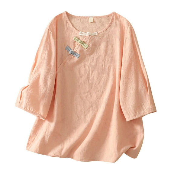 CLOISE Womens Tops Crew Neck Shirt Button Solid Color Short Sleeve Pullover Embroidery Casual Outfits Clothes Pink M