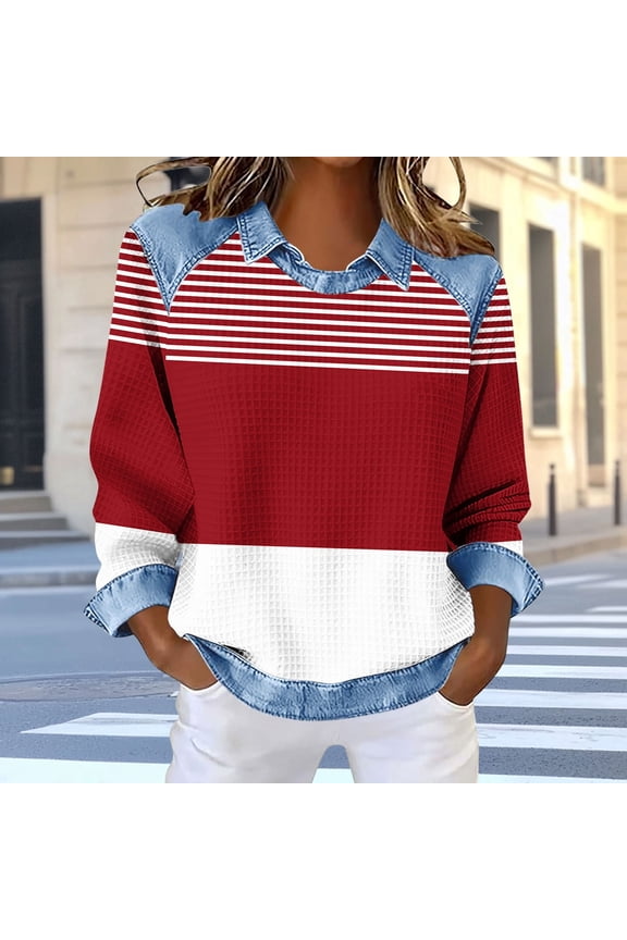 Womens Tops Long Sleeve Plus Size Shirts Collared Casual Pullover Striped Loose Blouses Wine 2XL