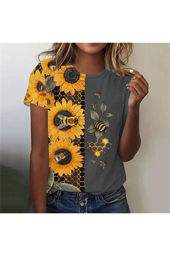 Womens Tops Short Sleeve Bee Day Plus Size Shirts Crewneck Holiday Pullover Holiday Blouses Multicolor