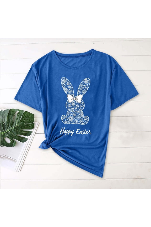 Womens Tops Short Sleeve Easter Plus Size Shirts Crewneck Holiday Pullover Bunny Holiday Blouses Blue
