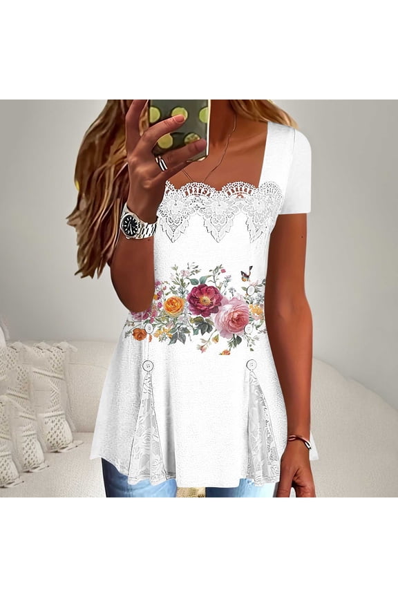 Womens Tops Short Sleeve Plus Size Shirts Square Neck Casual Pullover Print Summer Blouses White 2XL