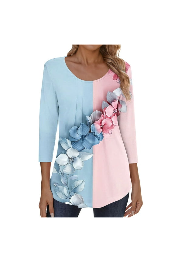 Womens Tops and Blouses Crew Neck Shirt Tunic Graphic Long Sleeve Pullover Cute Vacation Clothes Pink 2XL