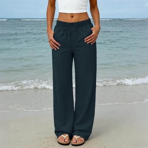 CLOISE Womens Trouser Pants with Pockets Mid Waist Straight Leg Long Pants Elastic Waist Solid Baggy Travel Vacation Outfits Navy XL