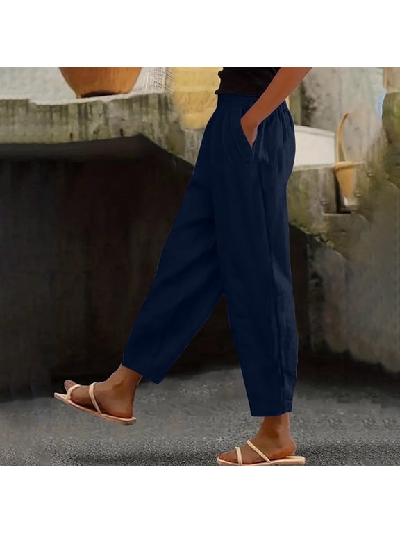 Linen Pants Women with Pockets Cotton Linen Pants Petite Comfy Elastic Waist Lounge Pants Lightweight Lady Pull on Pants Mid Rise Trousers Straight Leg Linen Pants Trendy Summer Navy