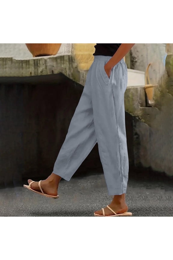 Pants for Women Petite Pull on Cotton Linen Pants with Pockets Casual Elastic Waist Lounge Mid Rise Pants Lightweight Straight Leg Trousers Summer Gray