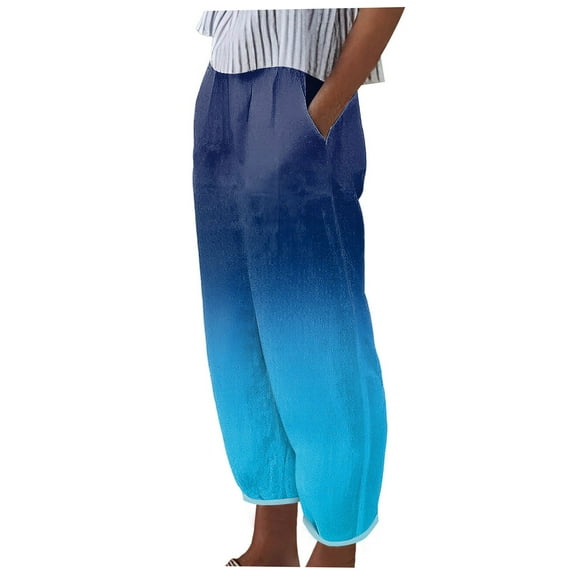 CLOISE Womens Trousers With Pockets Petite High Waisted Pants Elastic Waist Straight Leg Trousers Pull On Lounge Trousers Casual Fashion Gradient Color Pants Blue