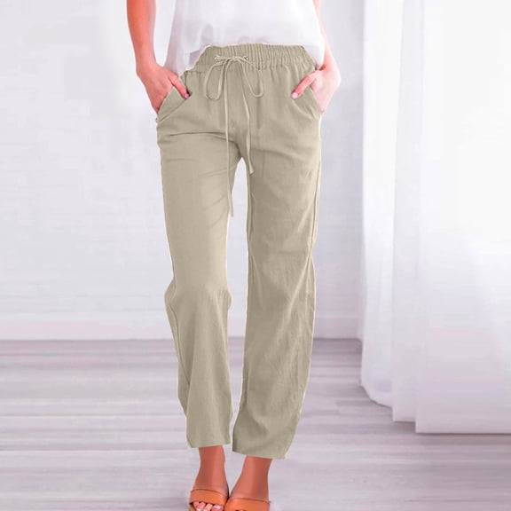CLOISE Womens Trousers With Pockets Pull On Petite Cotton Linen Pants Drawstring Elastic Waist Pants Lounge Mid Rise Pants Solid Lightweight Trousers Casual Summer Khaki