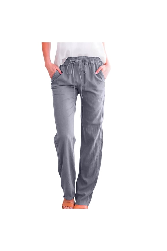 Womens Trousers With Pockets Pull On Petite Cotton Linen Pants Drawstring Elastic Waist Pants Lounge Mid Rise Pants Solid Lightweight Trousers Casual Summer Khaki