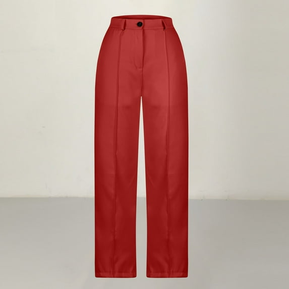 CLOISE Womens Trousers With Pockets Mid Rise Dress Pants Soft Straight Leg Suit Pants Button Pull On Trousers Solid Loose Pants Fashion Red
