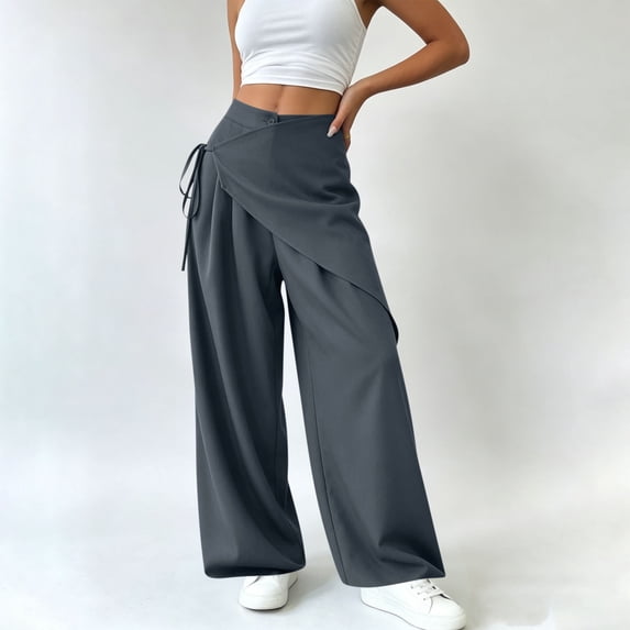 CLOISE Womens Wide Leg Dress Pants Drawstring Mid Waist Long Pants Elastic Waist Solid Baggy Vacation Outfits Gray L