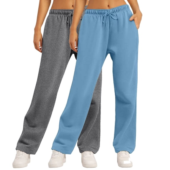 CLOISE Womens Wide Leg Sweatpants 2 Pack Baggy Straight Leg Sweatpants Lounge Pull on Low Rise Open Bottom Pants Light Blue Gym Elastic Waist Drawstring Solid Sweatpants with Pockets Fall Trousers