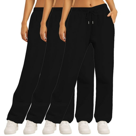 CLOISE Womens Wide Leg Sweatpants 3 Pack Baggy Straight Leg Sweatpants Lounge Pull on Low Rise Open Bottom Trousers Black Oversized Elastic Waist Drawstring Solid Sweatpants with Pockets Winter Pants