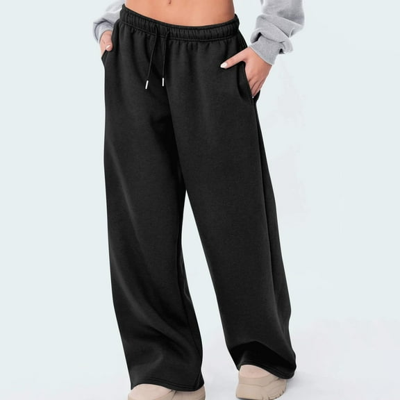 CLOISE Womens Wide Leg Sweatpants Baggy Straight Leg Sweatpants Comfort Petite High Waisted Open Bottom Trousers Black Workout Elastic Waist Drawstring Solid Sweatpants with Pockets Classic Pants