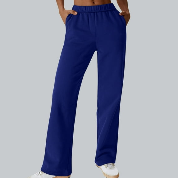 CLOISE Womens Wide Leg Sweatpants Baggy Straight Leg Sweatpants Comfort Pull on Low Rise Open Bottom Pants Blue Active Elastic Waist Solid Sweatpants with Pockets Fashion Fall Long Pants L