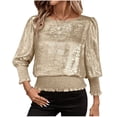 thumbnail image 1 of CLOISE Womens Work Blouses 3/4 Sleeve Lantern Sleeve T Shirts Loose Solid Color Crew Neck Pullover Casual Fall Cropped Tops Gold L, 1 of 8