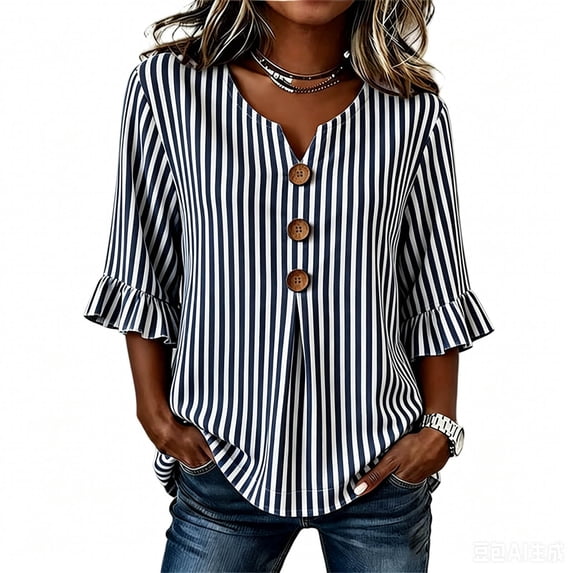 CLOISE Womens Work Blouses 3/4 Sleeve Ruffle Sleeve T Shirts Ornamental Button Striped V Neck Pullover Trendy Fall Tops Gray S