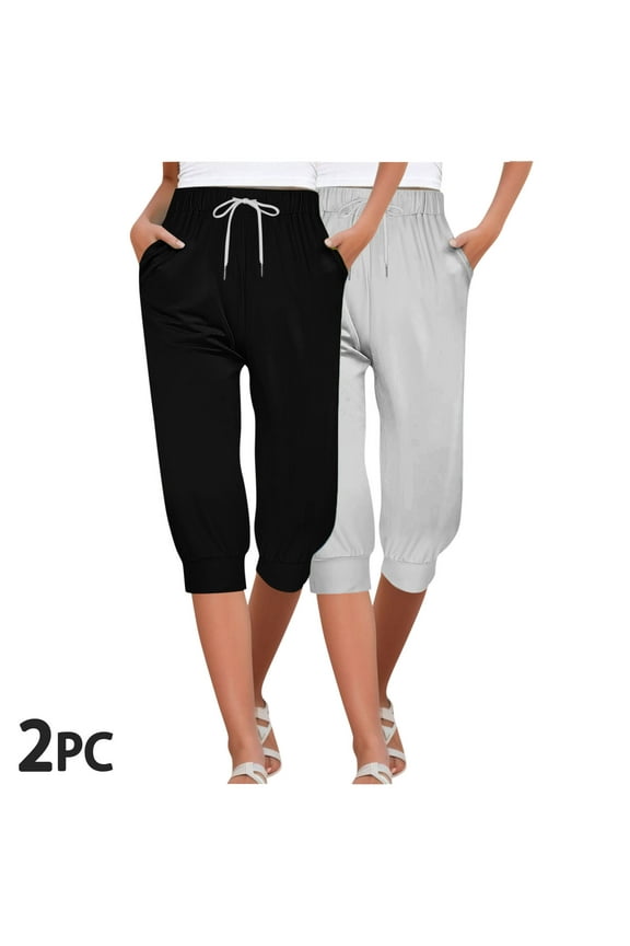 Womens Yoga Capris 2 Pack Capri Yoga Pants With Pockets Athletic Elastic Waist Stretch Capri Leggings Drawstring Mid Rise Cropped Pants Solid Lounge Soft Capri Trousers Multicolor