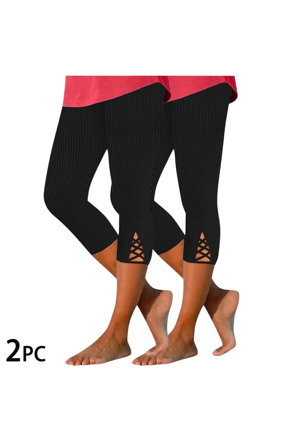Womens Yoga Capris 2 Pack High Waisted Cutout Capri Leggings Pull On Stretch Soft Capri Yoga Pants Elastic Waist Lounge Capris Striped Lounge Capri Pants Summer Black