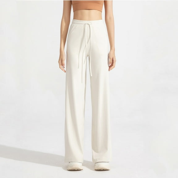 CLOISE Workout Yoga Pants for Women Petite Wide Leg Yoga Pants With Pockets Elastic Waist Drawstring Loose Fit Yoga Pants High Waisted Straight Leg Yoga Pants Pull On Soft Yoga Pants White