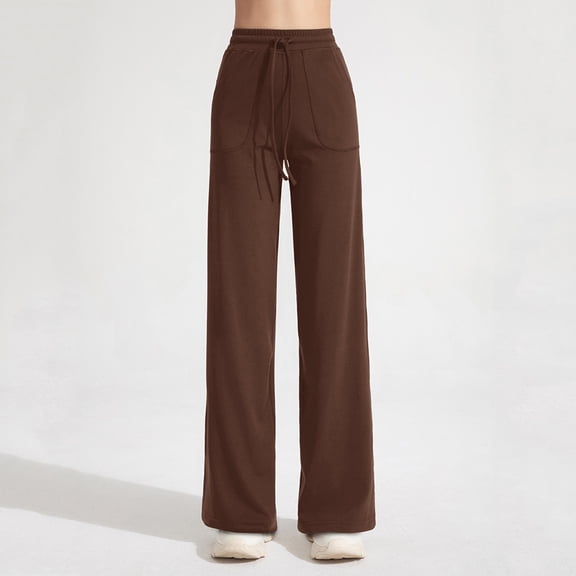 CLOISE Workout Yoga Pants for Women Petite Wide Leg Yoga Pants With Pockets Elastic Waist Drawstring Loose Fit Yoga Pants High Waisted Straight Leg Yoga Pants Pull On Soft Yoga Pants Brown