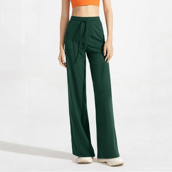 CLOISE Yoga Pants for Women Athletic Petite Wide Leg Yoga Pants With Pockets Elastic Waist Drawstring Loose Fit Yoga Pants High Waisted Straight Leg Yoga Pants Pull On Soft Yoga Pants Green