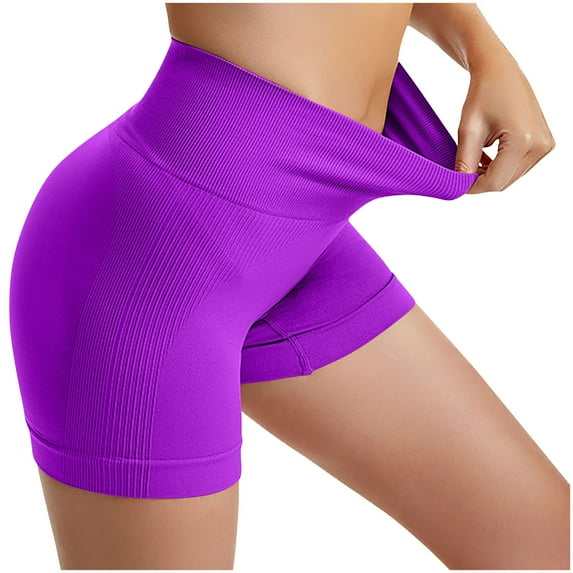 CLOISE Yoga Shorts for Women High Waisted Biker Shorts Seamless Ribbed Athletic Gym Running Shorts Stretchy Leggings Shorts Workout Shorts Trendy Purple L